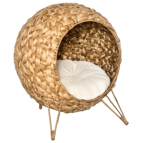 PawHut 20.5" Weaved Cat Bed, Elevated Hand-Woven Braided Banana Leaf Kitten House Condo with Cushion, Natural