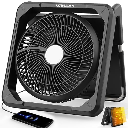 11.5 Inch Upgraded Solar Camping Fan with Light- Rechargeable Battery Fan, 10W Detachable Solar Panel, 3 Speed, 6H Timer,60° Pivot Strong Airflow for Camping Fishing RV Trips Hurricane Power Outage
