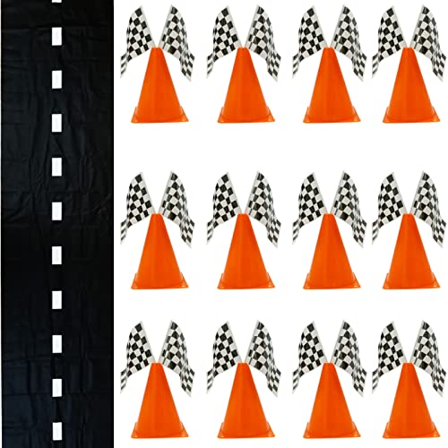 4E's Novelty 38 Pieces Set - 12 Traffic Cones With Hole on Top, 24 Checkered Flags, Racetrack Floor Runner - for For Race Car Birthday Party Supplies, Table Centerpiece Decorations Kids Gift