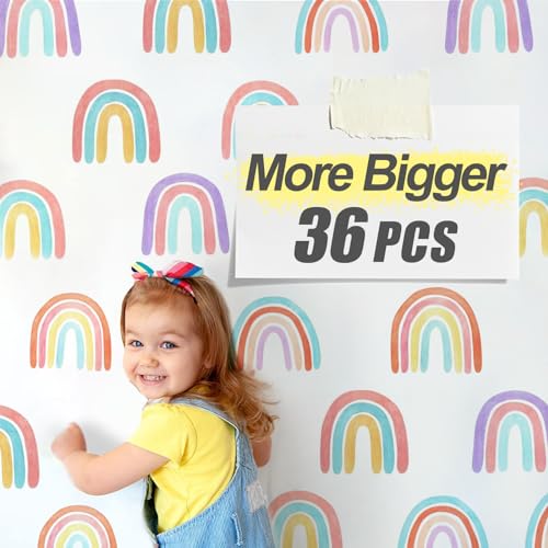 Watercolor Rainbow Wall Decals for Girls Bedroom 36 Pcs, Rainbow Stickers Bigger Size for Wall Mural Vinyl Peel and Stick DIY Decorations (6 Sheets)