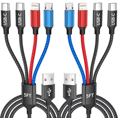 Travel Essentials, Dual Type-C 4 in 1 Multi Charging Cable for Multiple Devices, USB Cables Universal Phone Charger Cord with IP/Micro/2 USB-C Port for iPhone16/15/14, Android Tablet Pad, 2Pack 5FT