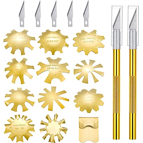 12 Pieces French Nail Trimmer Stainless Steel French Tip Cutters Smile Line Cutter Edge Manicure DIY Plate Module with 2 Handles Cutting Knife and 5 Spare Blade for Acrylic Nail(Golden)