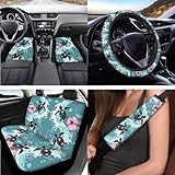 STUOARTE Sea Turtle Hibiscus Print 17 Pcs Car Seat Cover Full Sets, Car Seat Cover Car Floor Mats Steering Wheel Cover Car Armrest Pad Cover Seat Belt Pads Coasters Keychain, Car Accessories