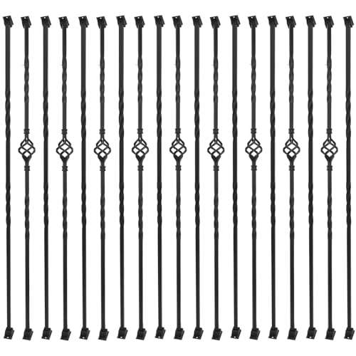 Sidasu 30 Pack Iron Balusters Stair Spindles Hollow Single Basket Black Iron Spindles Double Twist 1/2" Square Metal Balusters with Iron Baluster Swivel Shoes 180 Degree Adjustable Direction