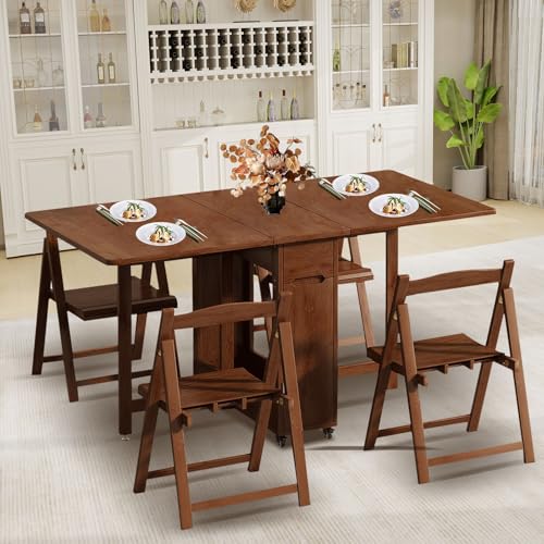 OKCMTR Folding Dining Table with Chairs Drop Leaf Table Dining Room Table Set for 4 for Small Spaces Kitchen No Assembly Required (Brown)