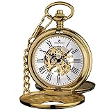 VIGOROSO Mens Pocket Watch with Chain Half Hunter Double Cover Skeleton Mechanical Watches Gold Roman Numeral in Box