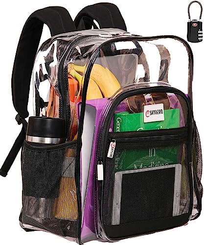 Clear Backpack Heavy Duty has TSA Lock, 2-Way Zipper. PVC Transparent Backpack X-Large - H18''xW14''xD8 - Black