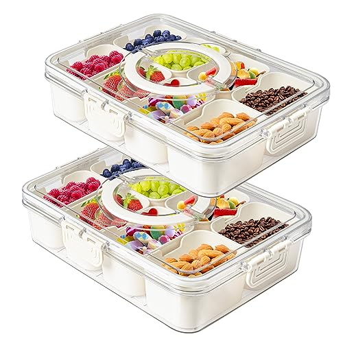 MineSign 2Pack Snackle Box with Handle for Food Serving Tray Snack Platter with Lids Stackable Fruit&Veggie Container with 8 Small Removable Boxes for Snack Charcuterie Candy Nuts Spice