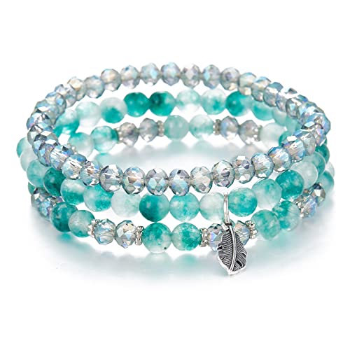 Noessla Stackable Crystal Beaded Bracelets for Women Boho Multi Layer Stretch Bracelets Natural Stone Bead Bracelet with Leaf Charm Jewelry for Women(Jade green)