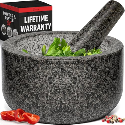 Priority Chef Heavy Duty Large Mortar and Pestle Set, 100% Granite, Non Slip Base, Make Fresh Guacamole, Salsa, Pesto, Stone Grinder Bowl, Herb Crusher, Spice Grinder, 4 Cup - Black