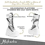 mikarka Womens Holographic Platform Mid Calf Combat Boots Lace Up Wedge Heel Studded Goth Knee High Boots