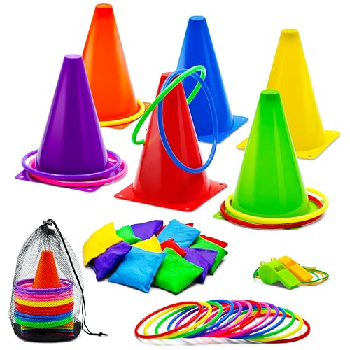 3-in-1 Carnival Games Set: 35-Piece Ring Toss Game for Kids with Cornhole Bean Bags, Cones, Whistles, Rings - Children’s Indoor/Outdoor Activities Toys for Yard, Lawn, Toddler Birthday Party