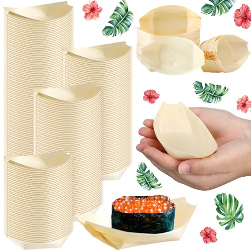 Newtay 500 Pcs Bamboo Boat Plates for Appetizer 5.5" Disposable Wooden Charcuterie Boat Leaf Small Sushi Serving Tray Food Dishes Container Bowl for Catering Home Hawaiian Holiday Party Supplies