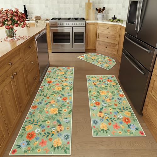 KIMODE Boho Floral Kitchen Rugs Sets of 3, Green Kitchen Rugs Non Skid Washable, Long Kitchen Mats for Floor, Comfort Kitchen Runner Rug, Half Circle Rugs for Kitchen Hallways Laundry Sink Bathroom