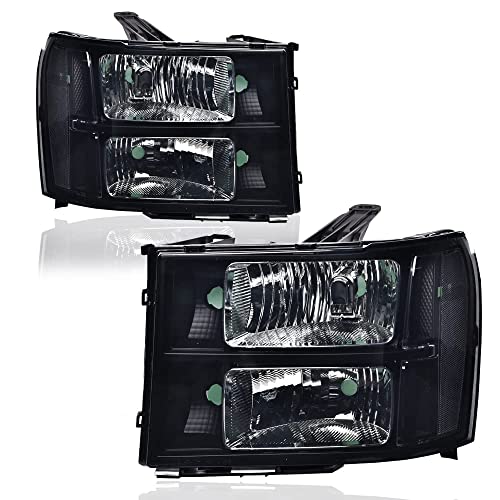 PIT66 Headlight Assembly Compatible with 2007-2013 GMC Sierra 1500 2500HD 3500HD Headlamps Assembly Accessories river & Passenger Side Pickup Truck Replacement Smoky Lens Black Housing Clear Reflector