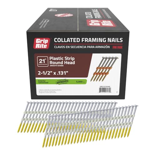 Grip-Rite GR212131HG, 21-Degree RH HG Plastic Strip Collated Fasteners, 2-1/2" x .131 Hot Galvanized Smooth, 5,000 Nails, Premium Quality