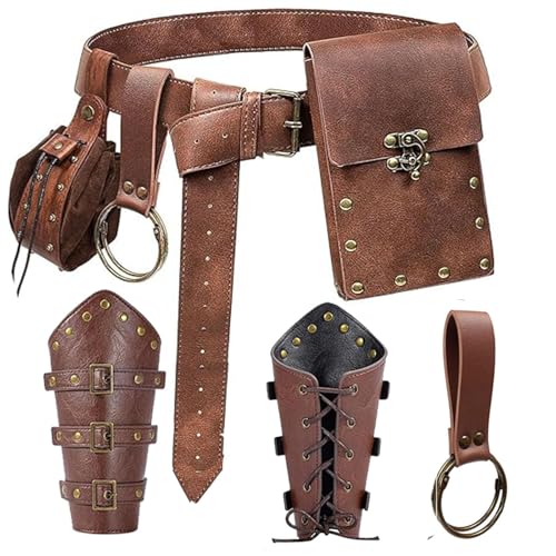 Renaissance Belt Pouch Purse Viking Bracer Hook Halloween Set Medieval Festival Costume Accessory Casual Fanny Pack Waist Bag (Dual-Brown)