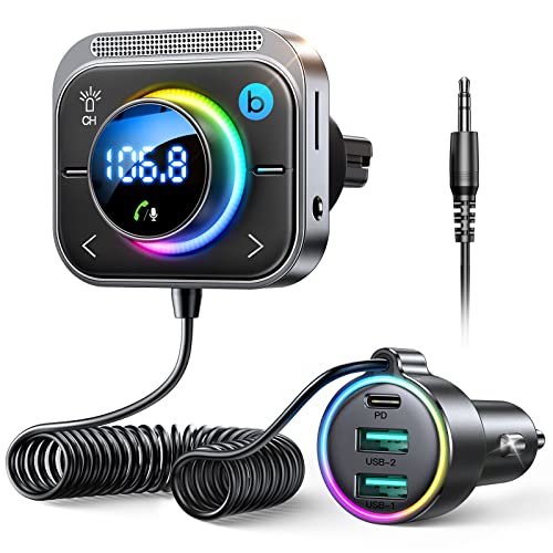 JOYROOM 66W Bluetooth 5.4 Car Adapter Aux with 3 Charging Ports【PD 30W & 2 * 18W】【Air Vent Installation for Safe】 Deep HiFi Bass Player Wireless Radio FM Transmitter for Car with Colorful LED Light