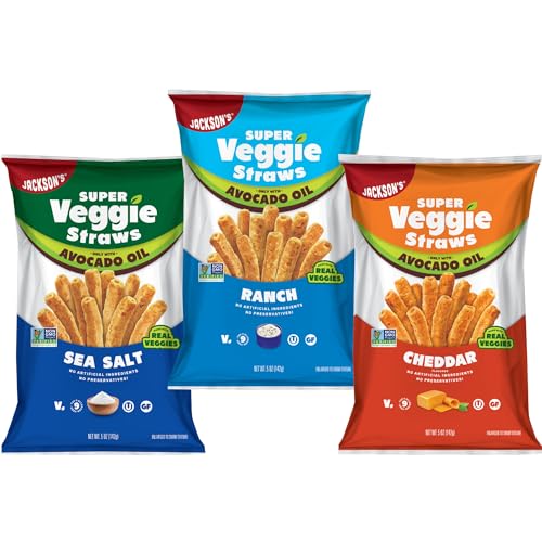 Jackson’s Super Veggie Straws Variety Pack (5 oz, Pack of 6) – Ranch, Cheddar, Sea Salt – Gluten Free, Made with Premium Avocado Oil, Veggie Chips, Snack Variety Pack, Veggie Straws Individual Bags