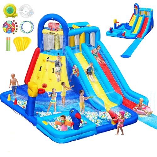 GYMMALL Water Bounce House Double Slide for Kids 3-12, Extra Large Inflatable Bouncy Castle with Long Slide, 550W Air Blower, Ball Pit, Swim Pool, Climbing, Bouncy House for Party Birthday Event