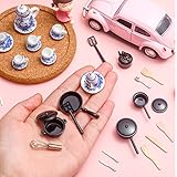 Zhanmai 47 Miniatures Dollhouse Kitchen Accessories Miniature Porcelain Tea Cup Set, Metal Pots and Pans Include 16 Mini Doll Plates Knife Fork Spoon, 6 Egg Beater Utensil, 10 Stovetop Cookware