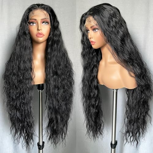 SOKU 13x6 Lace Frontal Water Wave Wigs with Baby Hair Natural Black 34 Inch Long Synthetic Hair Pre-plucked Free Part Transparent Swiss Lace Front Wavy Wigs for Women