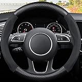 Ergocar Round Shape Carbon Fiber & Microfiber PU Leather Steering Wheel Cover Anti-Slip Car Steering Wheel Protector Breathable Sweat Absorbent Sport for Diameter 38cm（15"）-Black