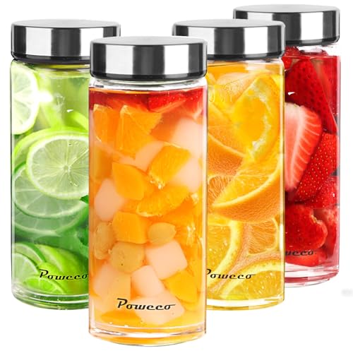 16oz Glass Juice & Water Bottles 4-Pack with Lids- Wide Mouth Reusable Borosilicate Glass- for Juicing, Smoothies, Protein Shakes, Blender & Shaker Bottle- Refillable & Dishwasher Safe(16 oz/500ml)
