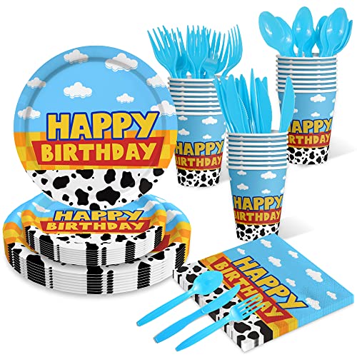 Inspired Story Birthday Party Supplies Cartoon Story Birthday Party Decorations Cartoon Story Plates and Napkins Tableware Set Blue Cloud Cow Print Party Supplies for Kids 1st 2nd 3rd 4th Party