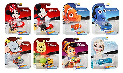 Hot Wheels 2019 Disney/Pixar Character Cars Case D, Set of 8 Collectible Die Cast Toy Cars Minnie Mouse, Mickey Mouse, Nemo, Dory, Dumbo, Winnie The Pooh, Pinocchio, Elsa