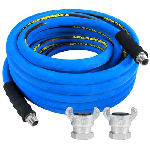 3/4 inch x 50FT Rubber Air Hose Include 2 Pcs Chicago Style connectors, Air Compressor Hose 100% Rubber, 300 PSI, 50F to 190F Degrees High Strength Polyester Braided Replacement Air Line Kit