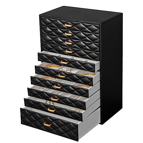 FEIYAN Extra Large Jewelery Box, 10-Layer Storage Case, Faux Leather Organizer with Drawers, Velvet Lining, Scandinavian Nordic Style (BLACK)