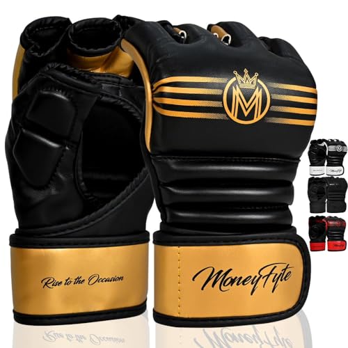 MoneyFyte Crown MMA Gloves for Men & Women Martial Arts Punching Bag Gloves, UFC Grappling Fighting & Kickboxing Gloves Pre-Curved Half Finger Boxing Sparring Glove (Gold, L)