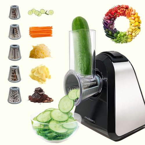 mokero 5 in 1 Electric Cheese Grater Salad Shooter Maker for Block Cheese Home Kitchen Electric Food Slicer Shredder Chopper Automatic Grater for Vegetables Cucumber Carrots Cabbage Nuts
