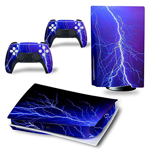 Ps5 Stickers Full Body Vinyl Skin Decal Cover for PlayStation 5 Digital Edition Console Controllers (CD Version, Blue Lightning)