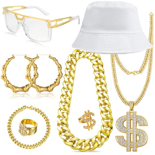 GIFIKOI 80 90s Accessories Outfit for Woman Hip Hop Costume Kit Old School Rapper Gold Chain Necklaec Big Hoops Jewelry