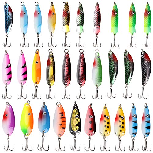 Fishing Spoons Lures Kit 30pcs Hard Metal Colorful Spinner Baits Casting Trolling Trout Spoon Fishing Lures for Bass Salmon Pike Walleye