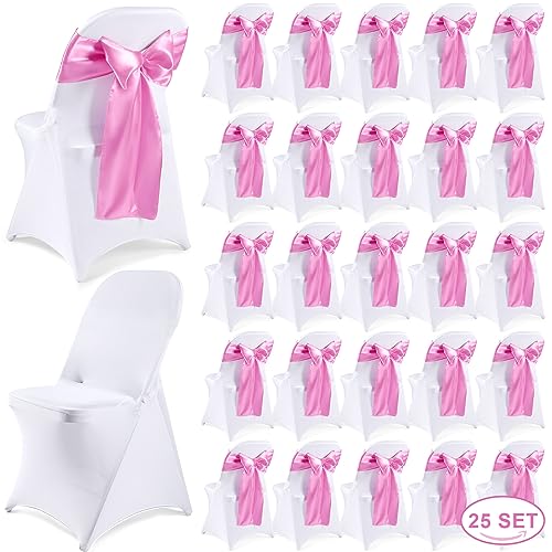 Lounsweer 50 Pcs Folding Chair Cover Set with 25 Stretch Spandex Slipcovers 25 Satin Chair Sashes Bows Ribbon Washable Banquet Protector for Wedding Event Party(White, Pink)