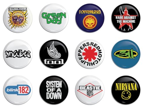90s Alternative Rock Button Pack (12 Pins) Set 1 Sublime Green Offspring Rise Against Incubus Tool Red Hot 3 Blink System Beastie Nirvana Day The Machine Chili Peppers of A Down 182 11 Boys
