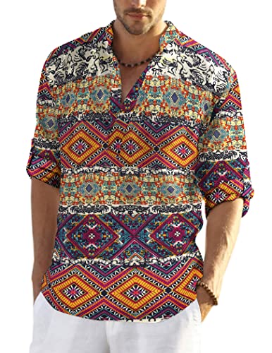 COOFANDY Men's Cotton Linen Henley T-Shirts Long Sleeve Hippie Casual Beach T-Shirts