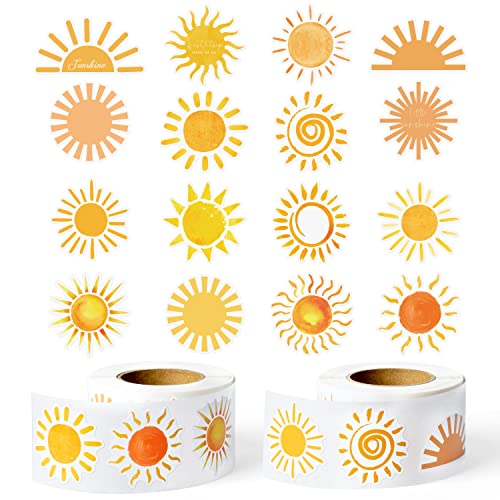 G1ngtar 1000Pcs Boho Sun Stickers Roll, First Trip Around The Sun Assorted Design Muted Sunshine Self Adhesive Labels Decal 16 Styles Baby Shower Birthday Party Supplies Decoration Envelope Seals