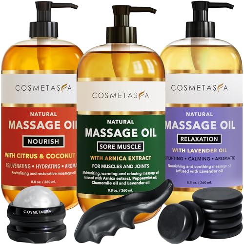 Cosmetasa Luxury Spa Gift Set for Women & Men - Relaxation Lavender Massage Oil, Citrus Coconut Massage Oil, Arnica Sore Muscle Massage Oil with Hot Stones, Roller Ball and Thumb Saver Massage Tools