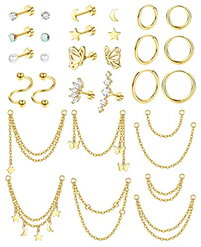 ZELORES 20G Cartilage Earrings Set For Women Men Stainless Steel Small Huggie Hoop Earring Flatback Star Moon Butterfly CZ Cartilage Stud Earrings Gold Chain Dangle Cartilage Helix Tragus Piercing Jewelry
