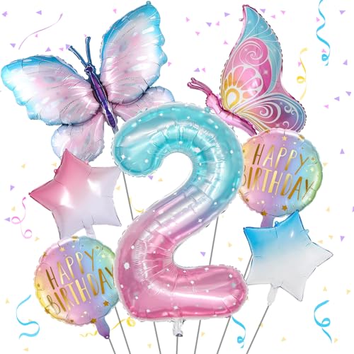 Isndare Butterfly Balloons, 7pcs Colorful Party Decorations, Includes Giant Number 2 Balloon, Self Sealing, for Girls' Birthday