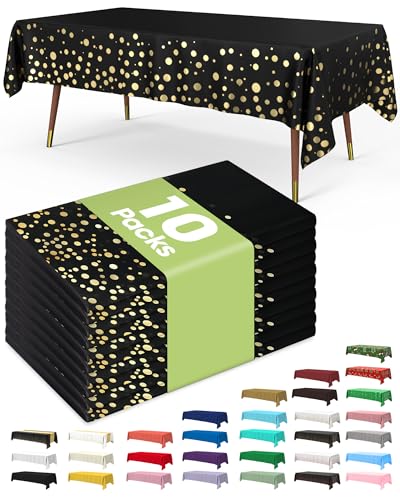 Pureegg Plastic Table Cloth Disposable 10 Pack, 54 x 108 Inch Table Cloths, Graduation Decorations Class of 2025, Graduation Tablecloths, Rectangle, Plastic Cover, Leakproof & Sturdy, Black and Gold