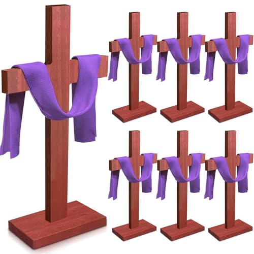 6 Pieces Wooden Cross Table Decoration Easter Wooden Crosses Small Wooden Cross Standing Centerpieces Wood Cross Sign Tabletop for Nativity Church Sunday School First Communion Baptism Decorations