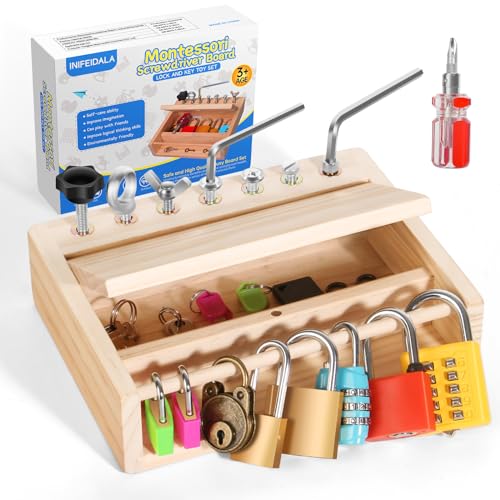 INIFEIDALA Montessori Toys for 3 4 5 Year Old,Montessori Screwdriver Board Set-Lock and Key Toy,Kids Tool Set,Preschool Learning Sensory - Fine Motor Skills - STEM Toys(8 Locks and Keys)