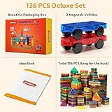 Gemmicc Magnetic Tiles, Deluxe 136 PCS Building Blocks Magnet Toys for Kids,3D Magnet Puzzles Stacking Blocks for Boys Girls,Huge Set with 2 Cars