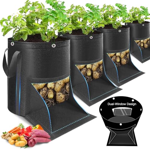 4 Pack Potato Grow Bags 10 Gallon with Harvest & Visible Window Thickened Garden Bags to Grow Vegetables with Handles & Metal Grommets for LST, Fabric Pots for Growing Carrots, Tomatoes, Onions