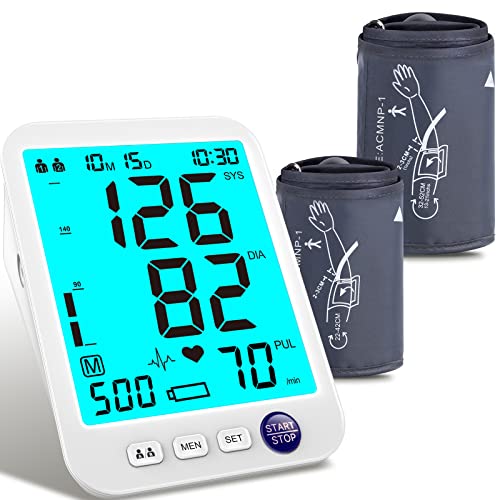 Blood Pressure Monitor-Automatic Blood Pressure Machine XL Cuff for Big Arms 13-21”-Medium/Large Cuff 9"-17" Extra Large Backlit LCD Two User 1000 Mem (Blue